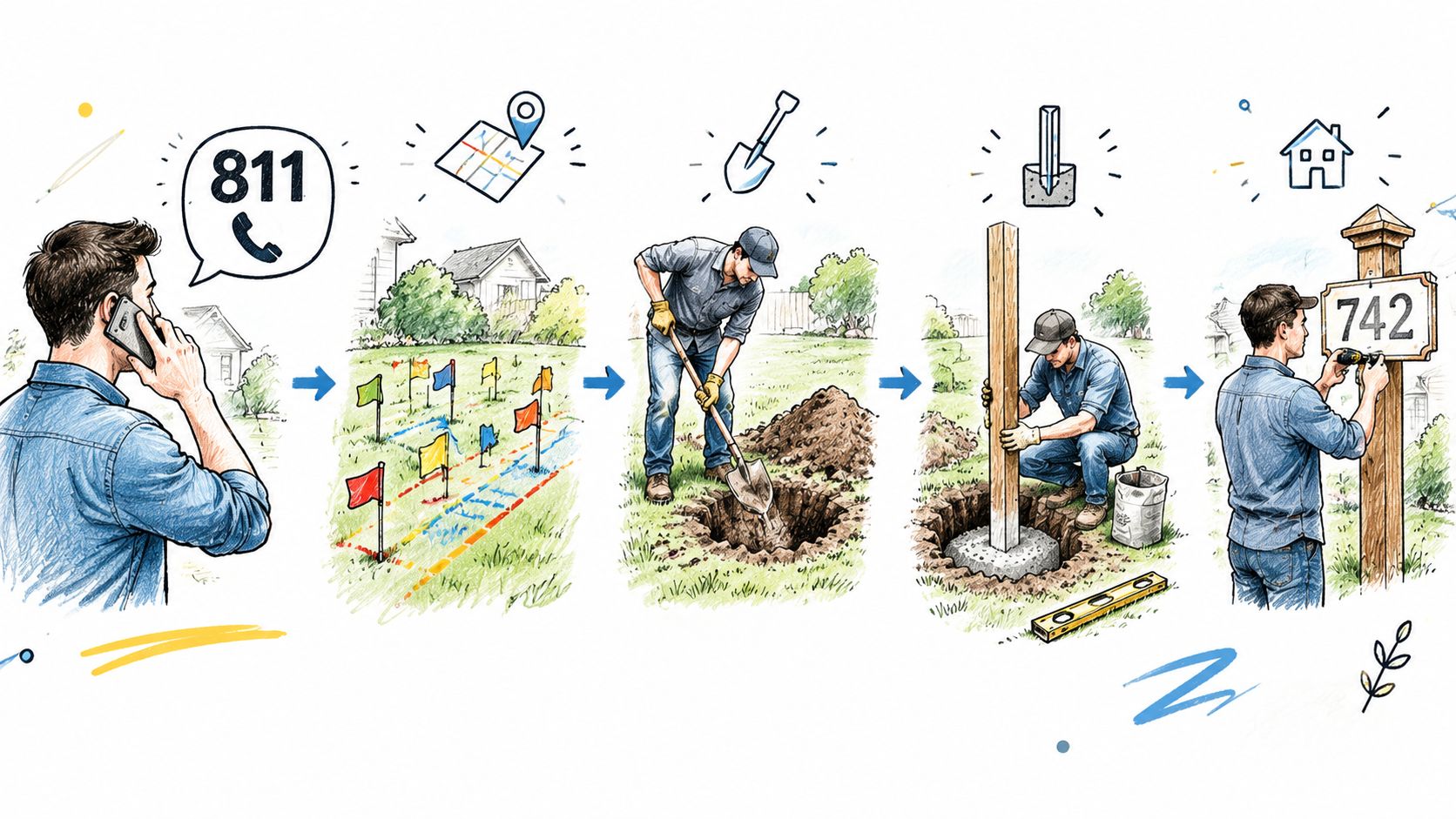 A five-step instructional illustration showing a person calling 811 before digging, marking, excavating, and installing a post.