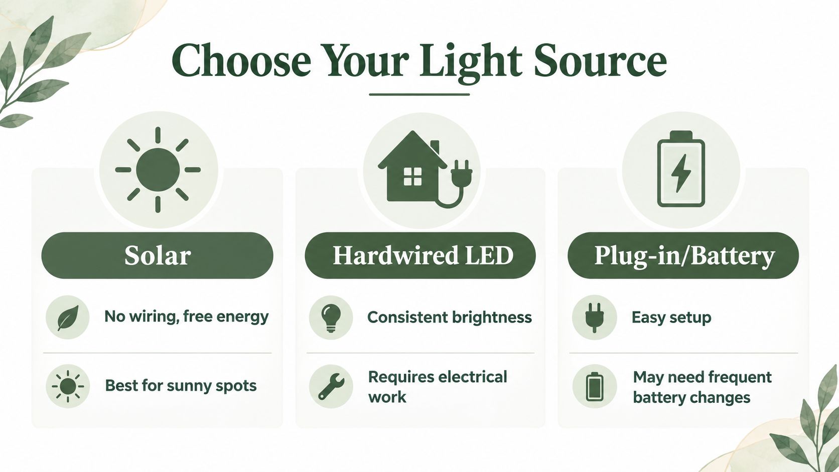 A comparison chart showing three types of light sources for address signs: solar, hardwired LED, and plug-in/battery.