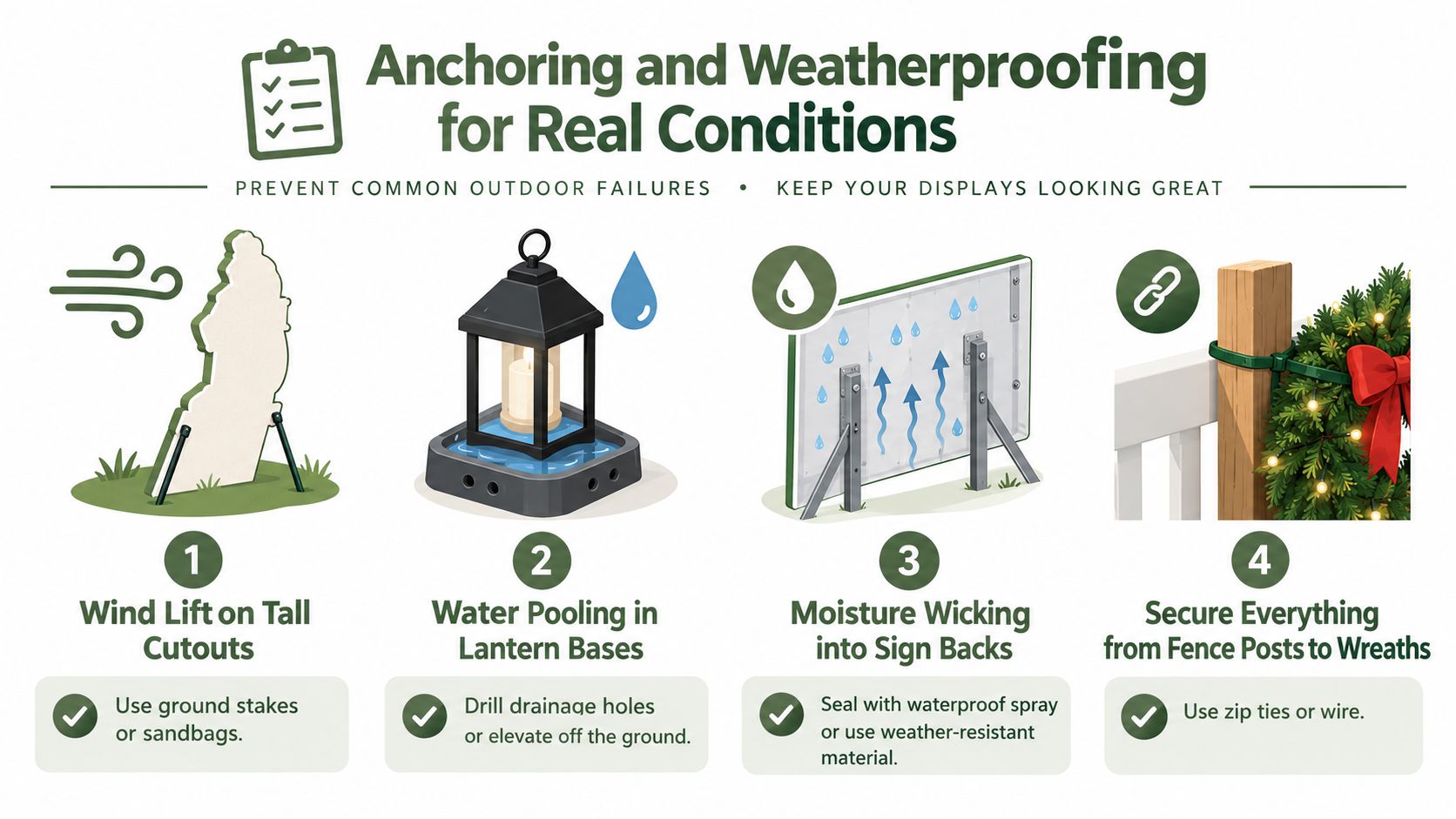 An infographic showing four tips for securing and weatherproofing outdoor Christmas decorations against wind and rain.