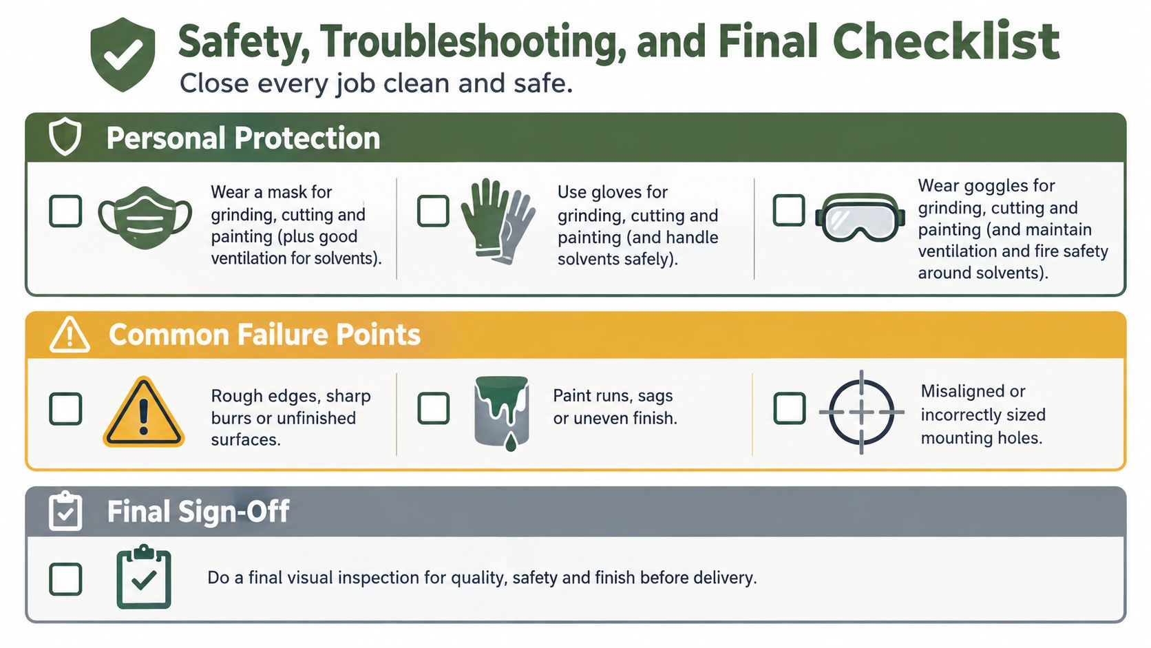 A safety checklist infographic for metalworking projects covering personal protection, common failure points, and final inspection steps.