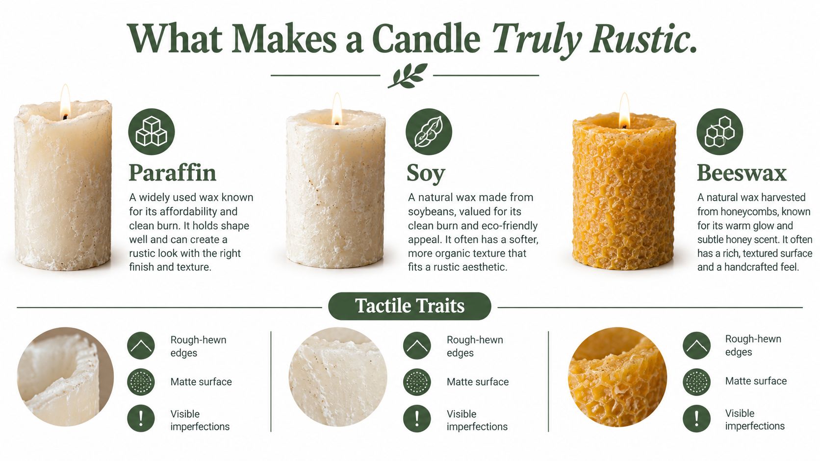 A diagram illustrating the characteristics of paraffin, soy, and beeswax candles to define a rustic aesthetic.
