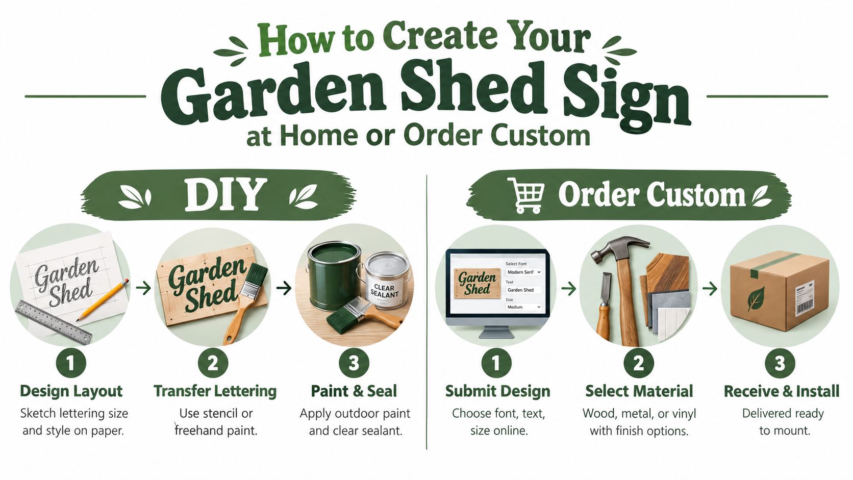 An infographic showing two paths for creating a garden shed sign: DIY handcrafting or custom ordering.