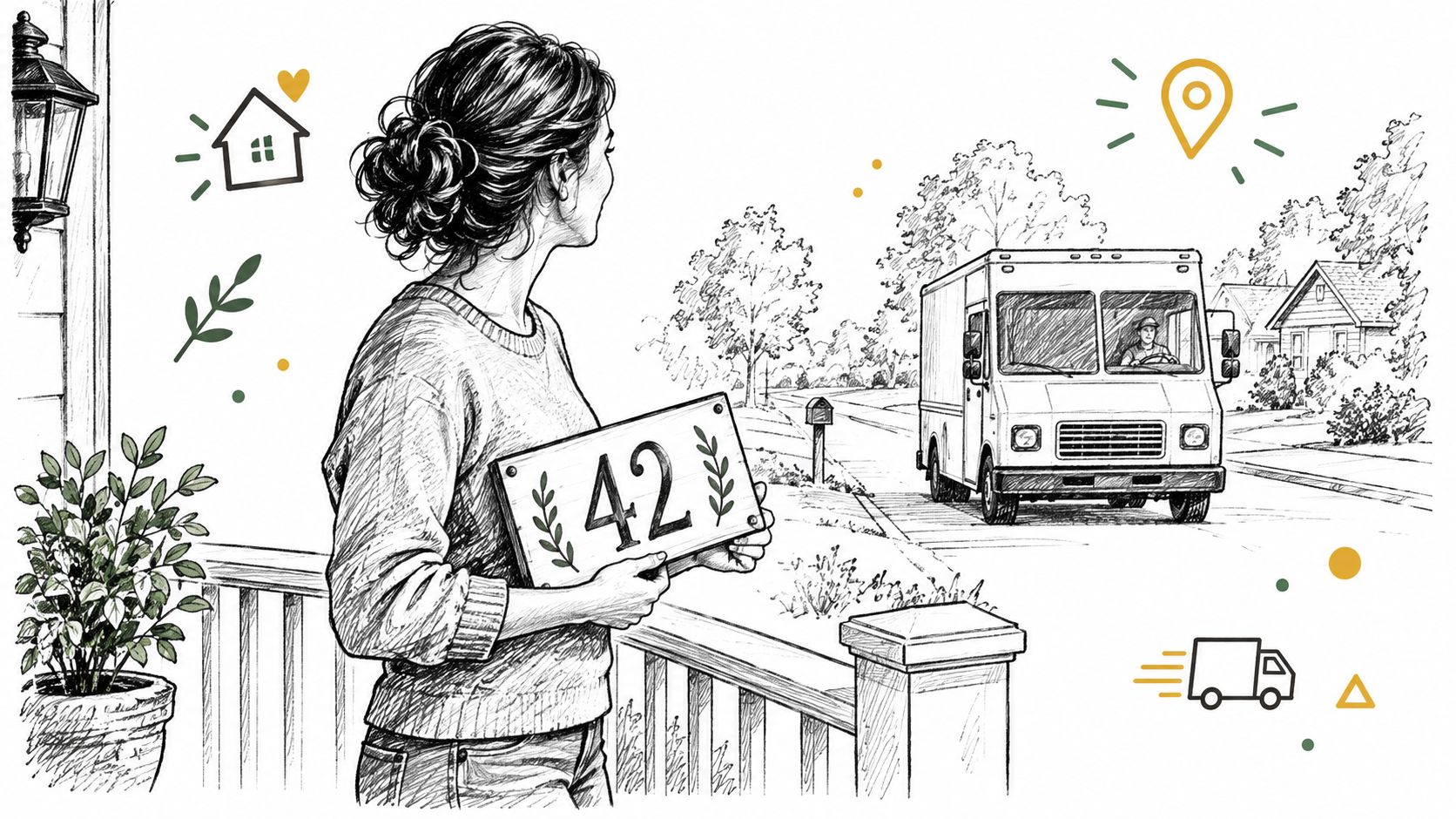 A woman stands on her porch holding a custom address sign numbered forty-two as a delivery truck approaches.