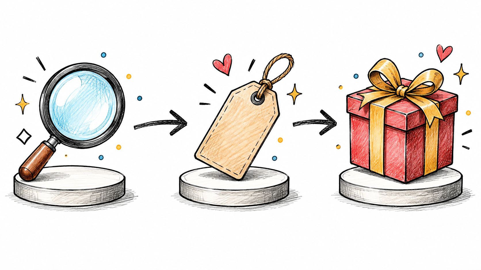 A hand-drawn illustration showing a magnifying glass, a blank price tag, and a wrapped gift box.