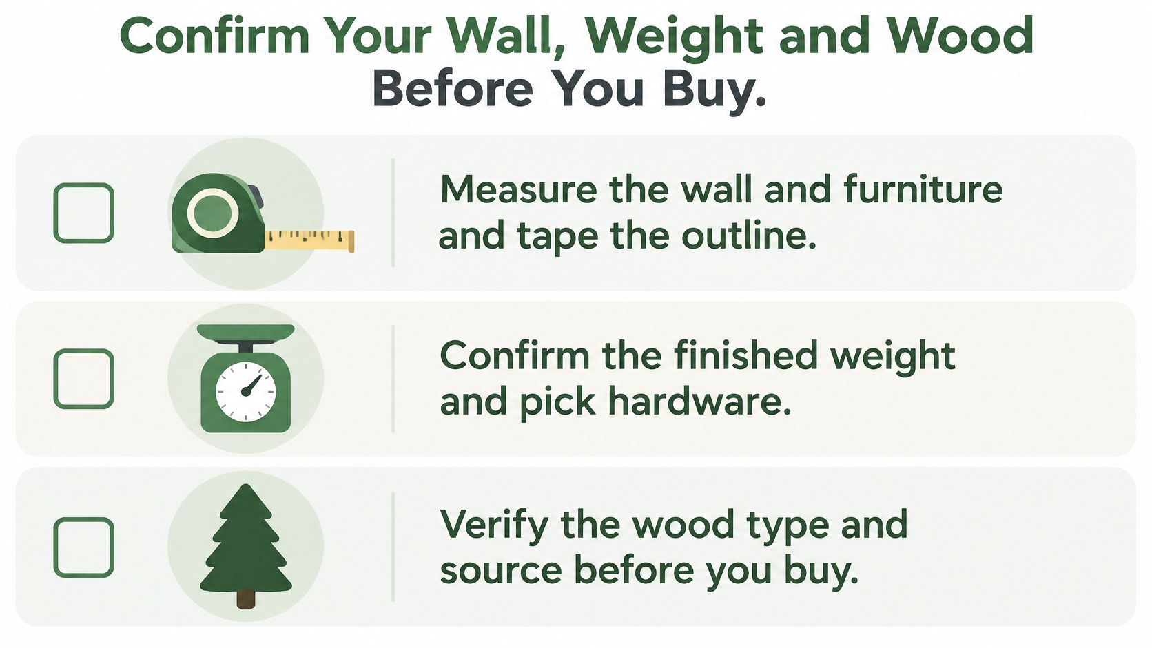 A checklist for choosing decorative wooden wall art, featuring icons for measuring, weighing, and wood sourcing.