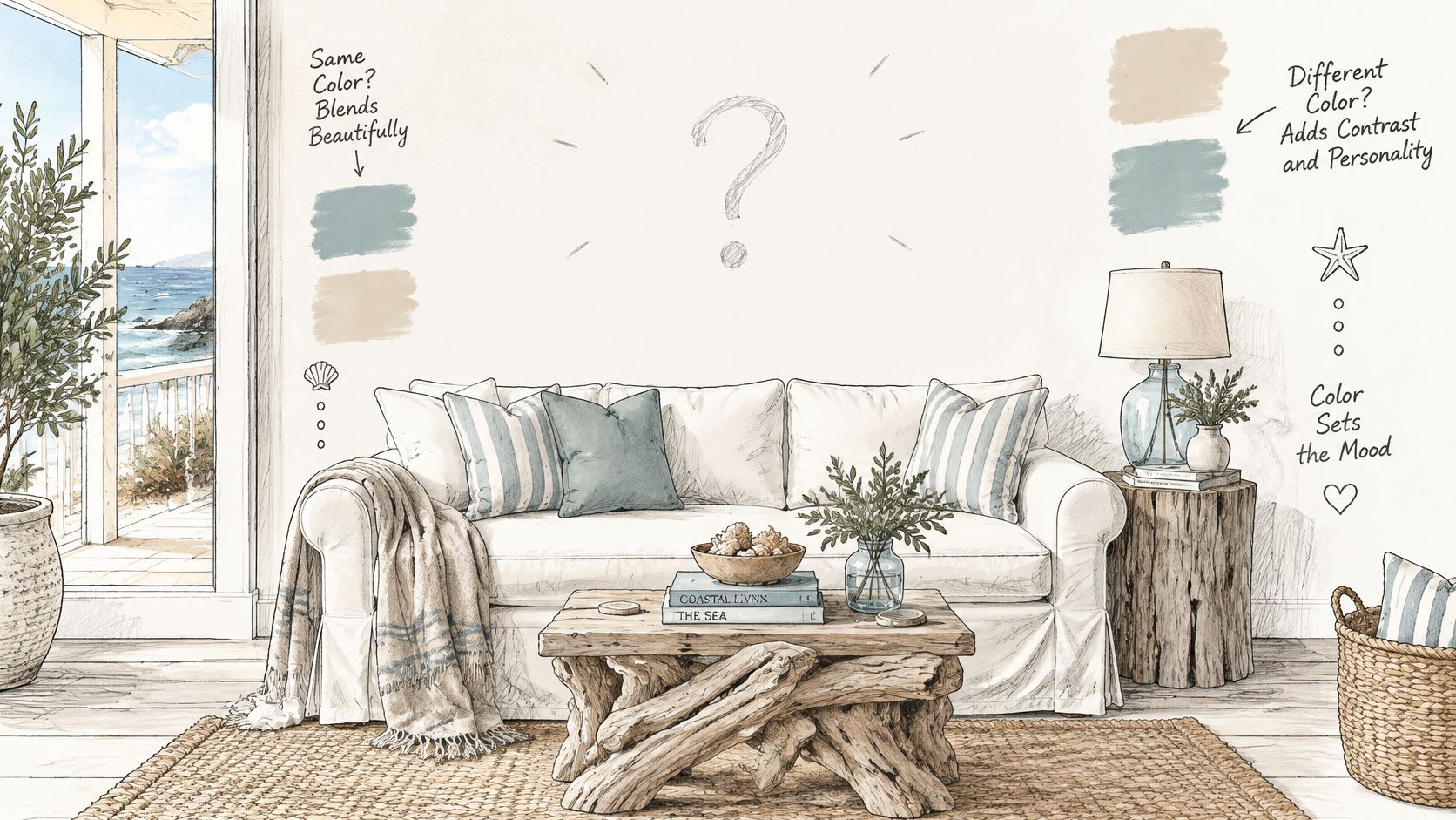 A coastal living room sketch showing a beige sofa with blue accents and color palette swatches.