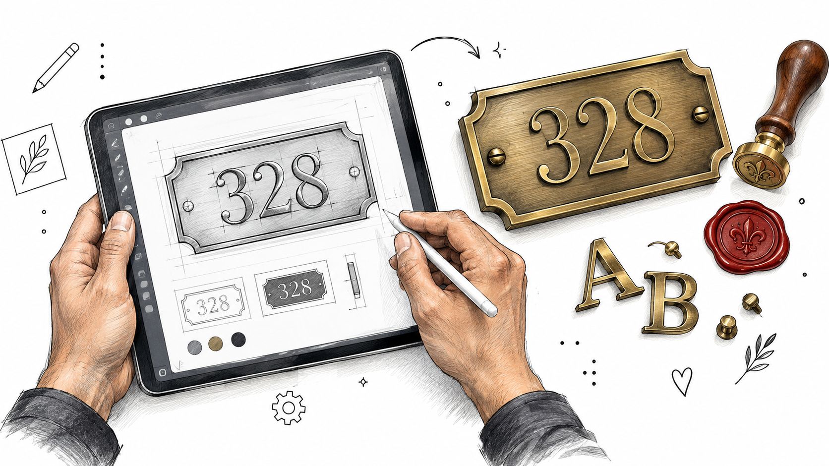 A designer's hands using a stylus on a tablet to create a custom metal address sign design.