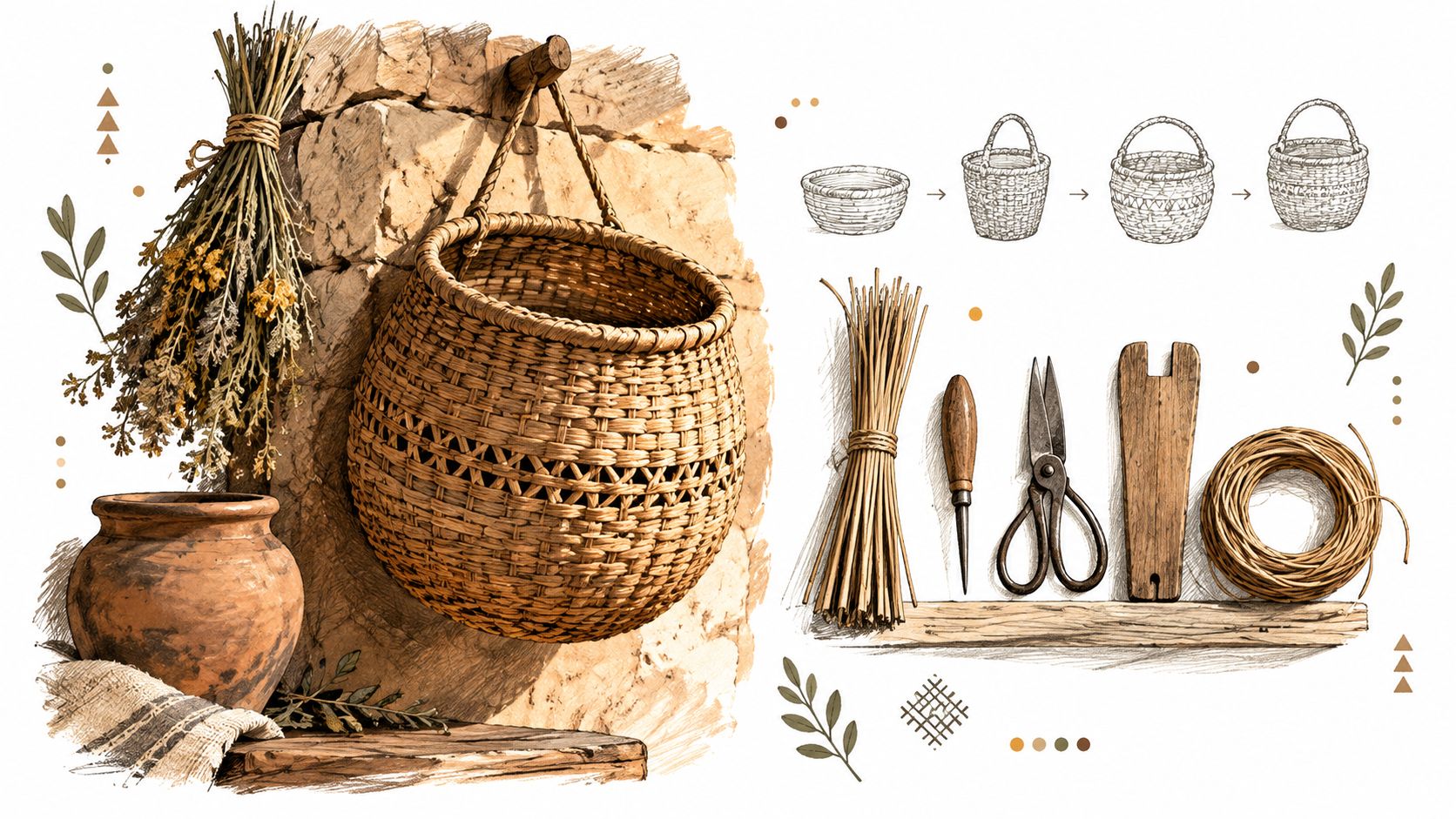 A rustic arrangement featuring a hanging woven basket, dried flowers, pottery, and various traditional basket-making tools.