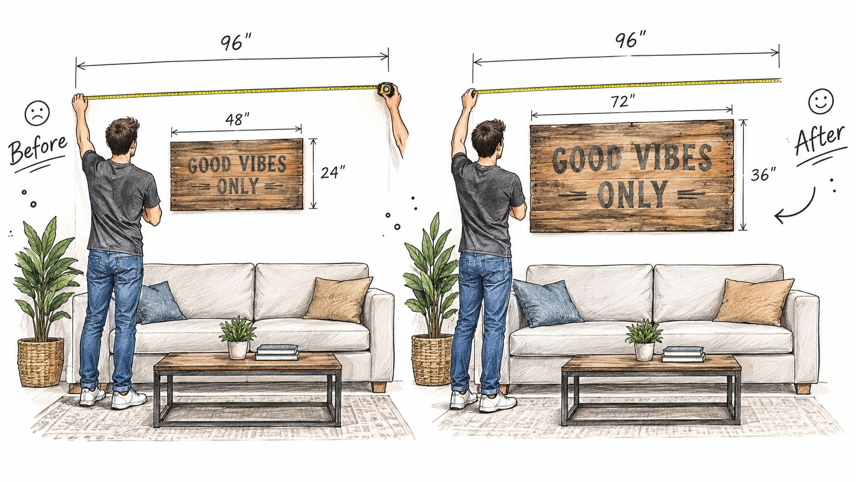 A split-view illustration showing how to correctly size rustic wall art for a living room wall.