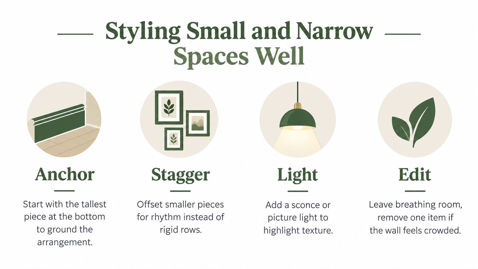 A four-step infographic illustrating tips for decorating small and narrow wall spaces with text descriptions.