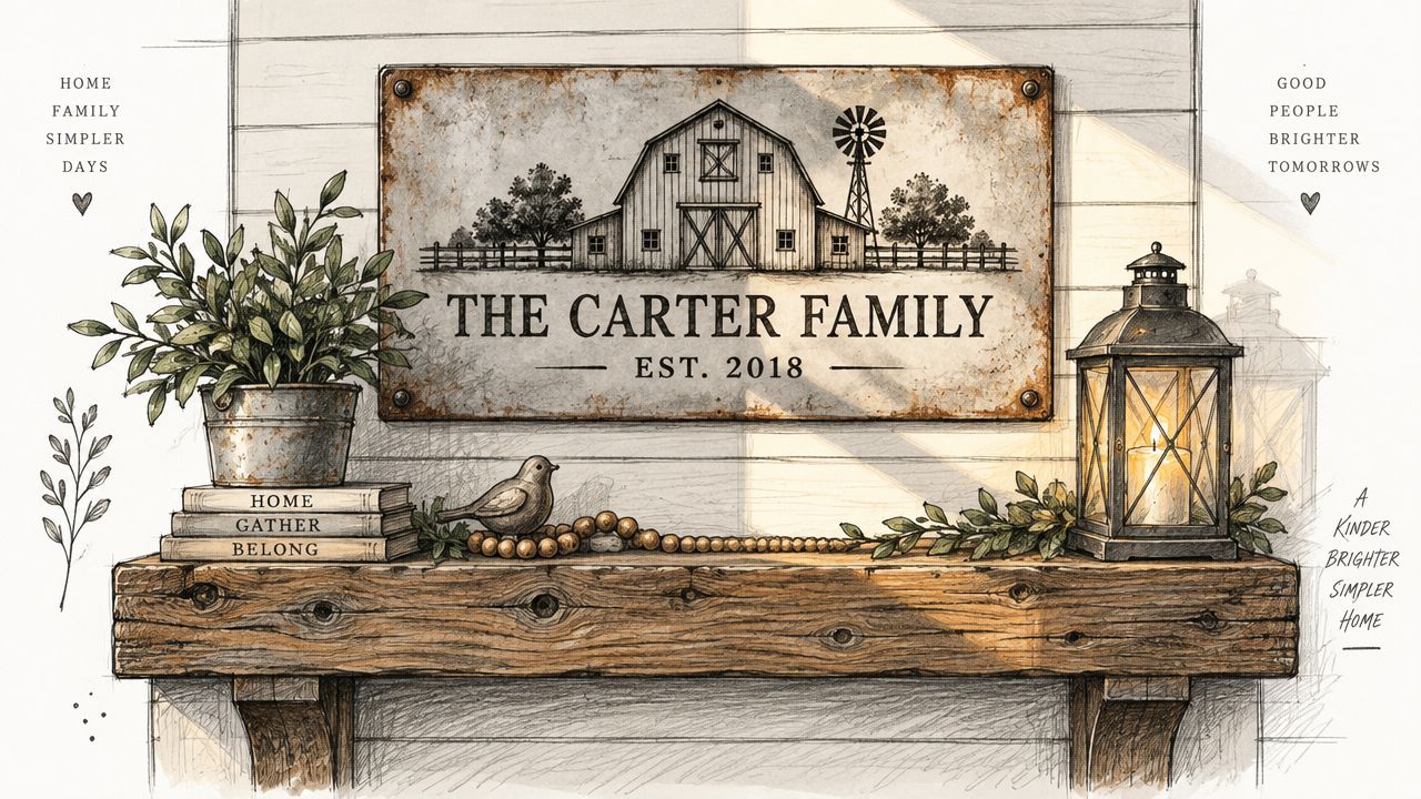 A rustic farmhouse mantle display featuring a personalized metal sign for the Carter family above books.
