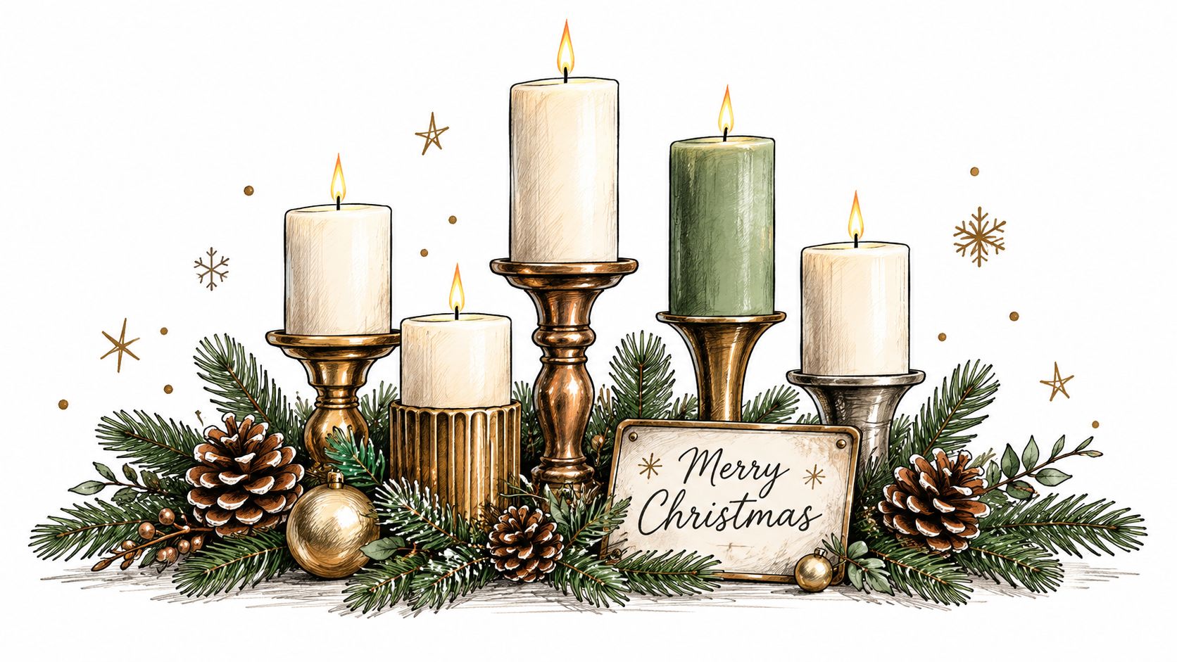A festive watercolor-style Christmas centerpiece featuring four lit candles, pine branches, pinecones, and a Merry Christmas sign.