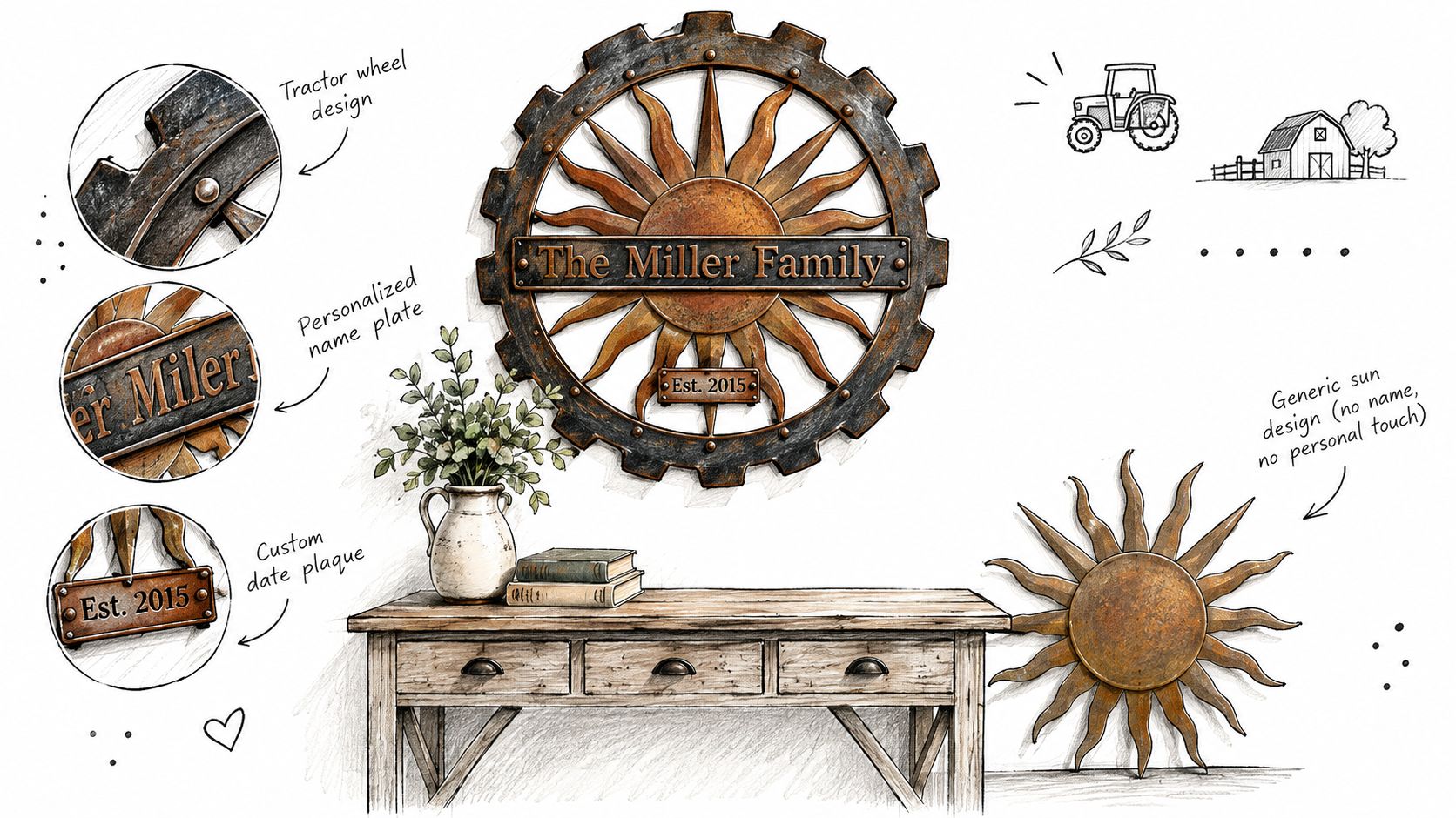 A design sketch showing custom sun metal wall art with family name and date alongside home decor.