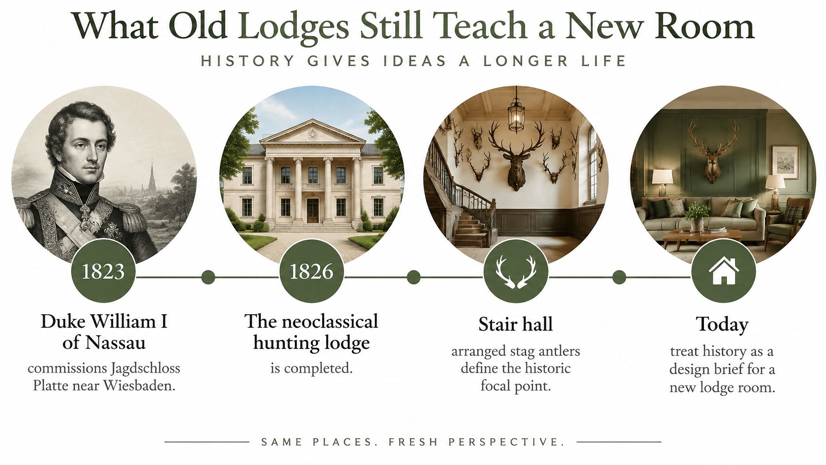 A historical timeline infographic showing the origins, architecture, and interior design evolution of a traditional hunting lodge.