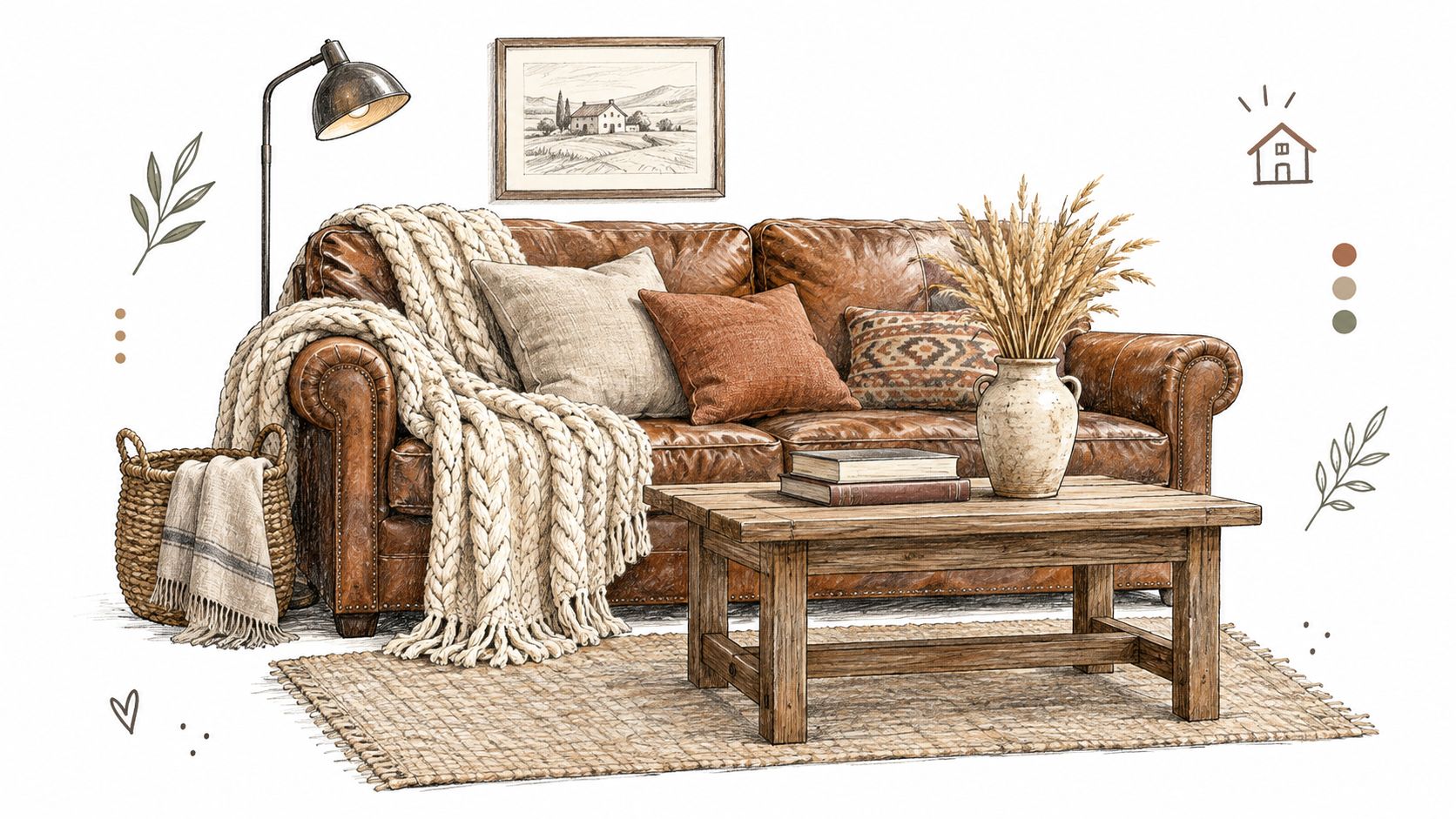 A cozy leather sofa decorated with a chunky knit blanket, decorative pillows, and a rustic coffee table.