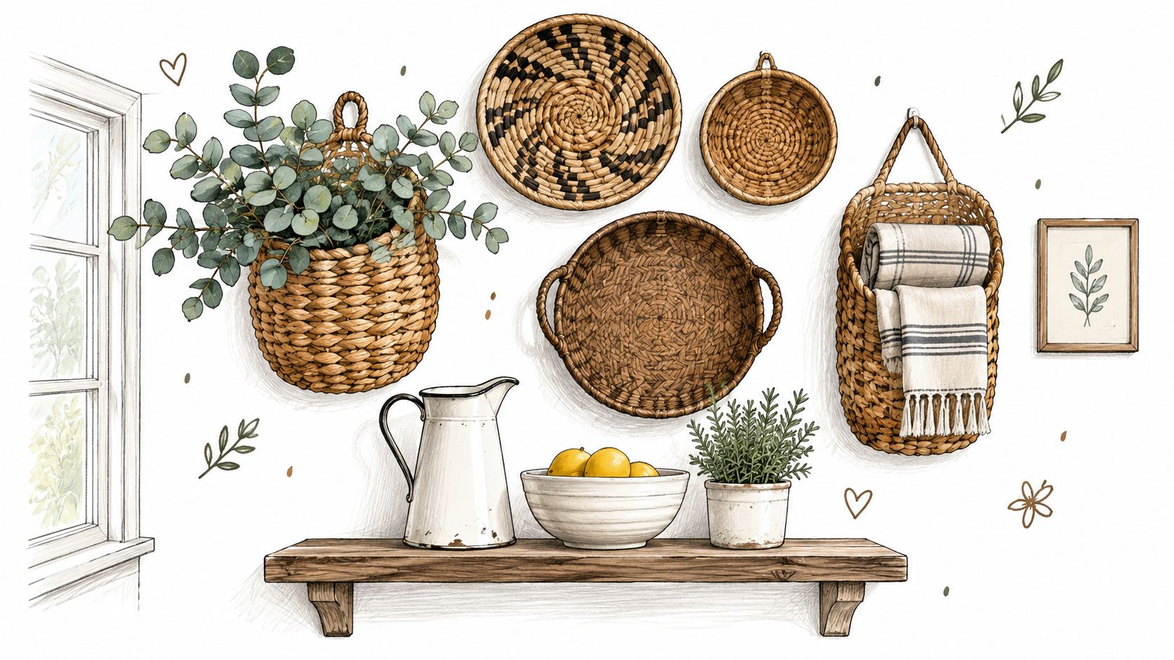 A rustic farmhouse kitchen wall decor featuring woven hanging baskets, eucalyptus, a pitcher, and a wooden shelf.
