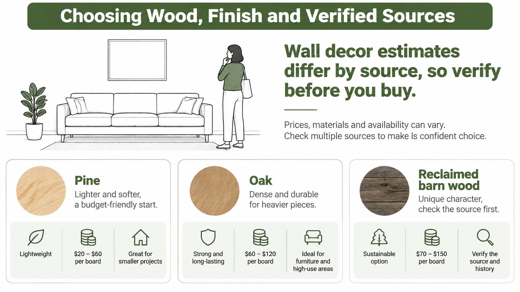 Infographic comparing different types of wood for wall decor with price ranges and characteristics.