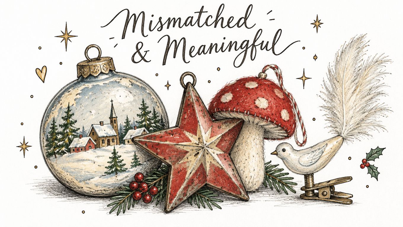 Vintage-style watercolor illustration featuring a snowy ornament, a red star, a mushroom, and a clip-on bird.