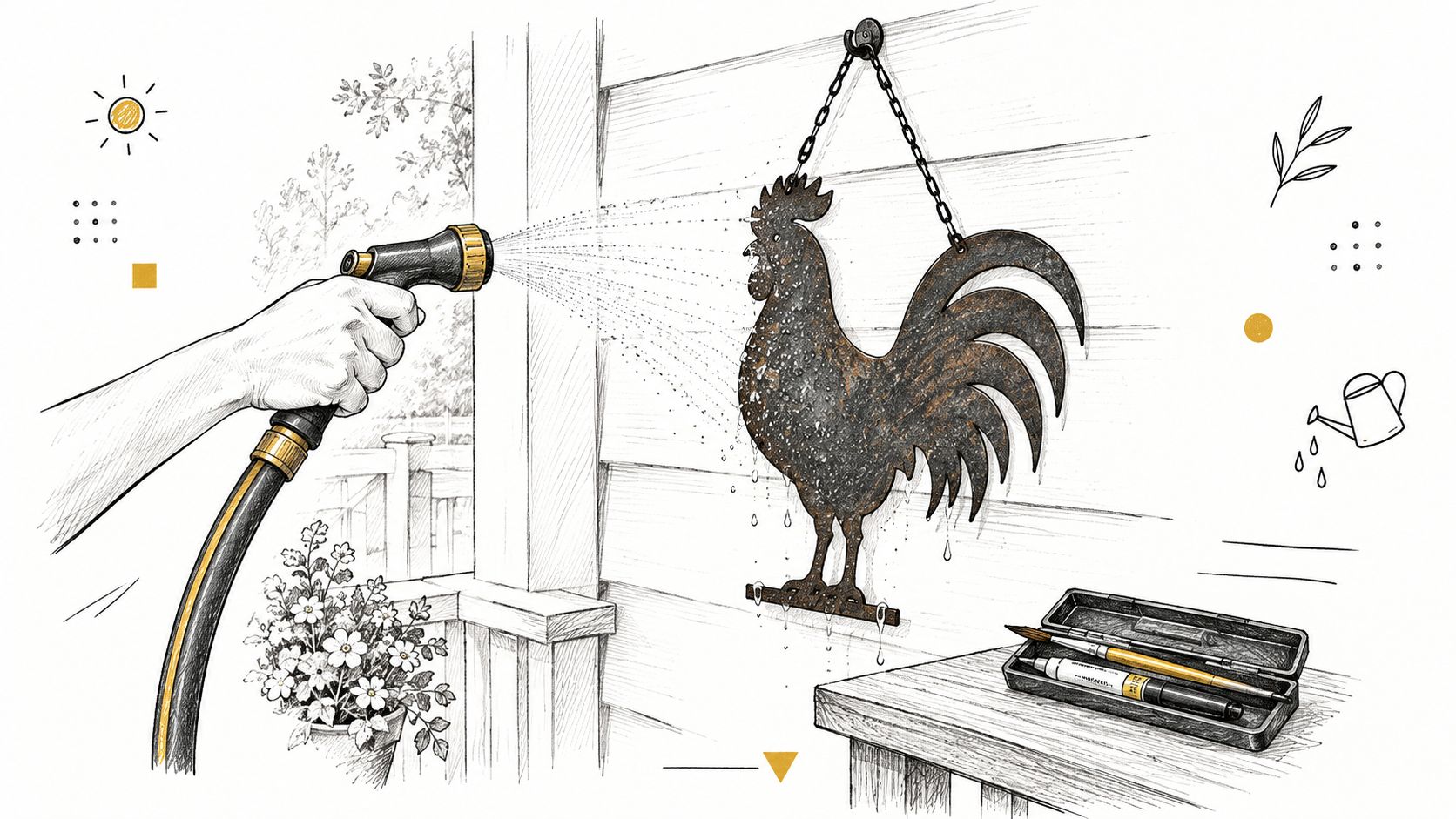 A hand spraying water from a garden hose onto a rust-colored metal rooster wall art decoration.