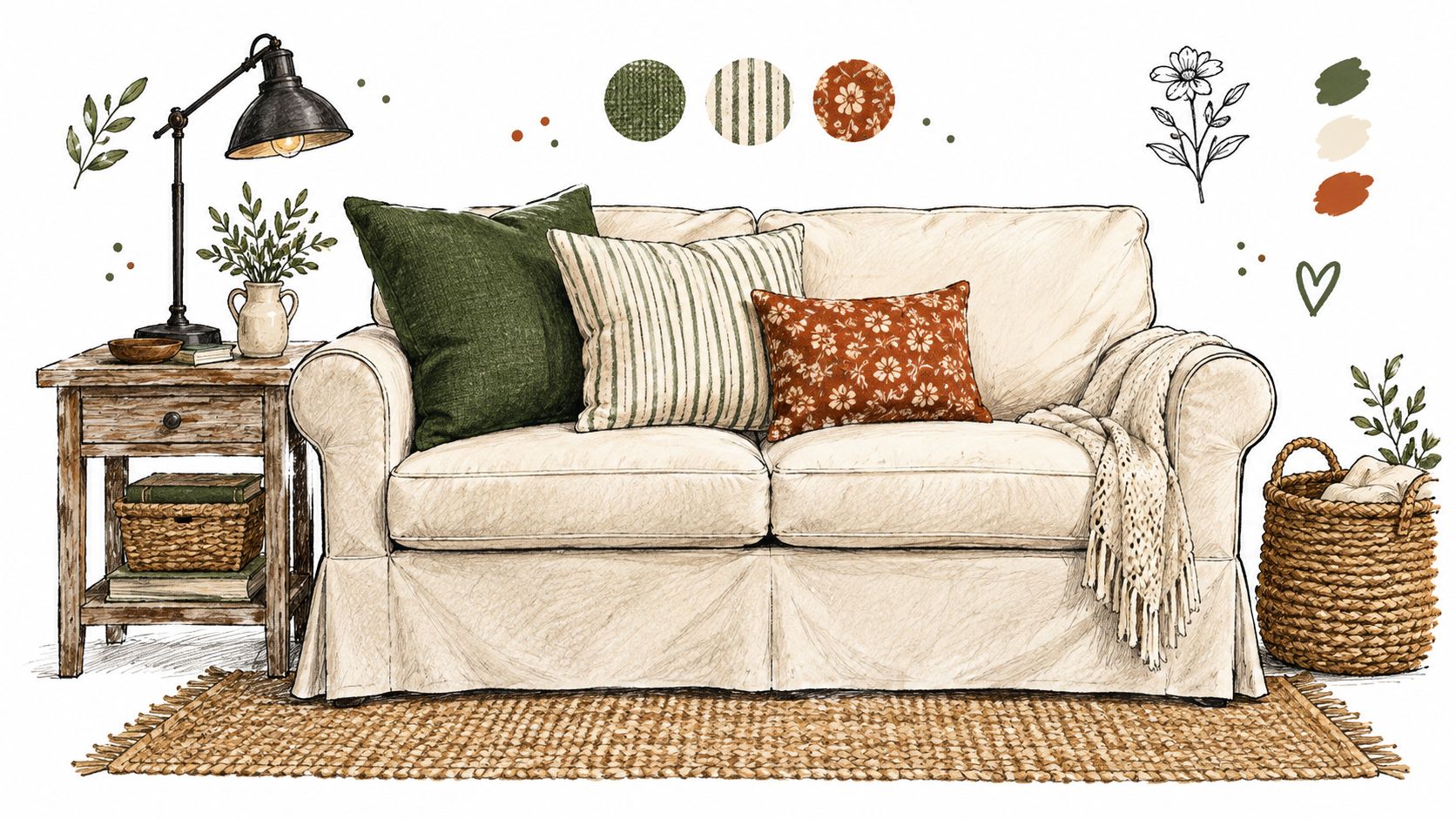 A cozy living room illustration featuring a beige sofa with green, striped, and floral throw pillows.
