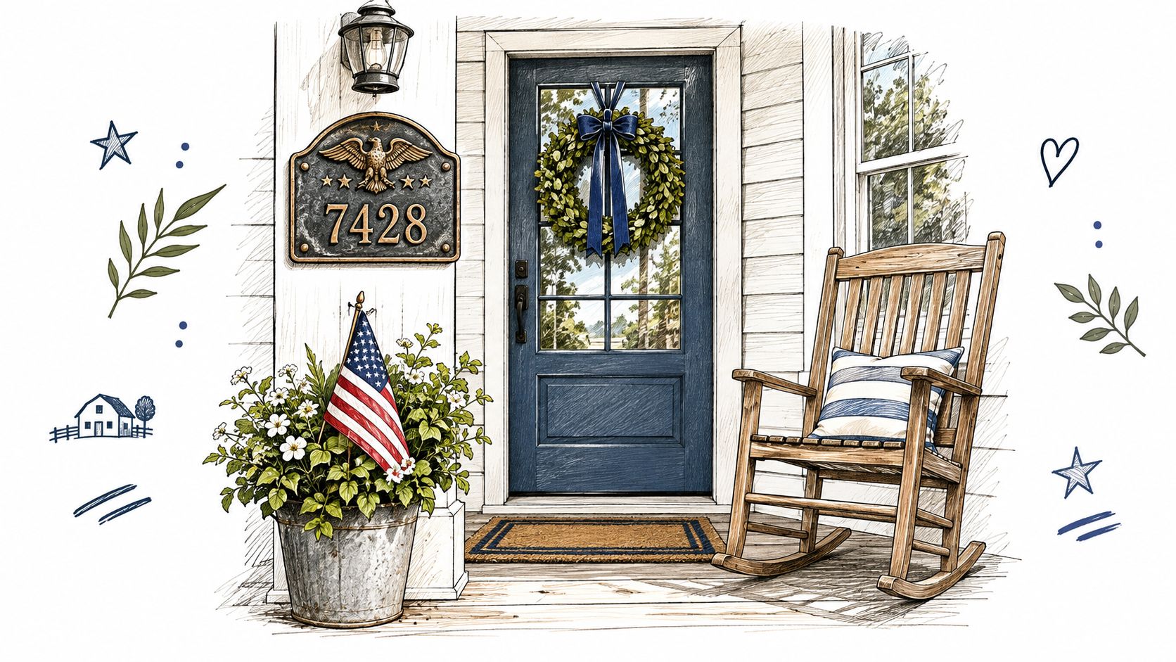 A cozy front porch featuring a blue door, a patriotic wreath, American flag, and a rocking chair.