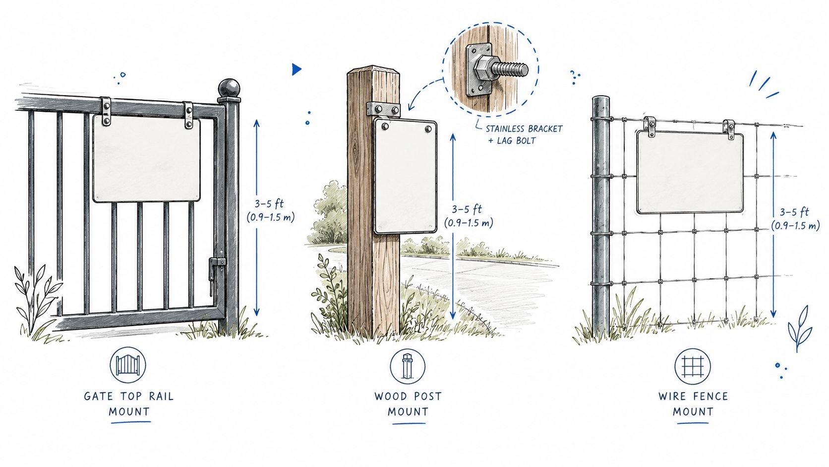A diagram illustrating three methods for mounting a sign on a gate, wooden post, and wire fence.