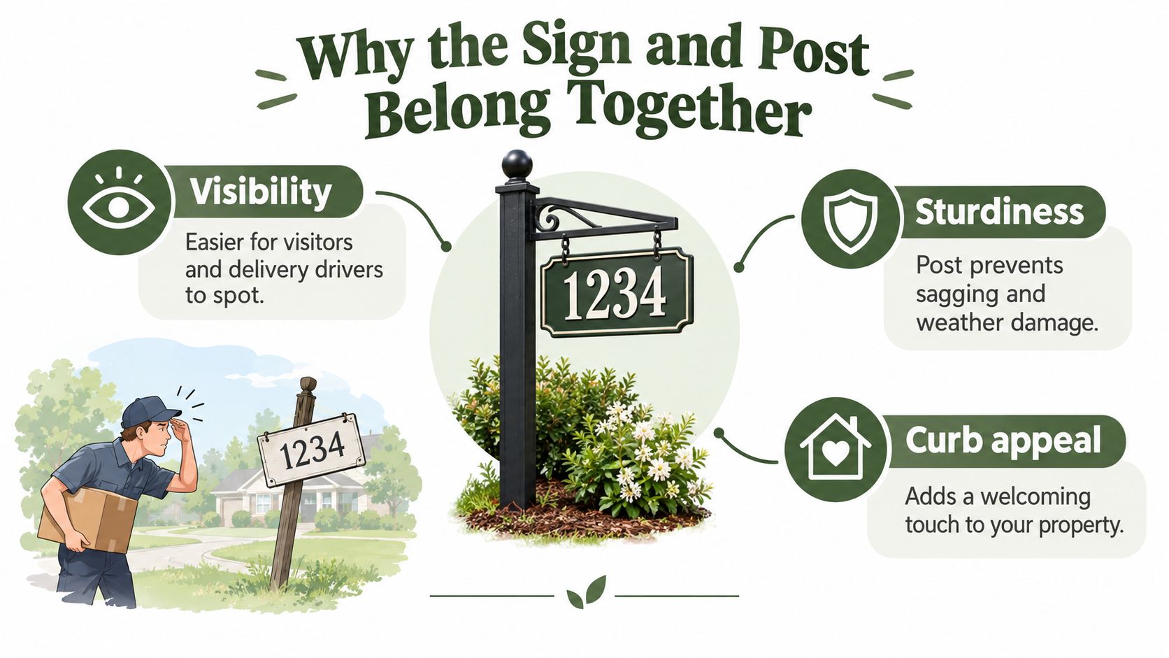 A graphic highlighting the benefits of using an address sign and post for home visibility and curb appeal.