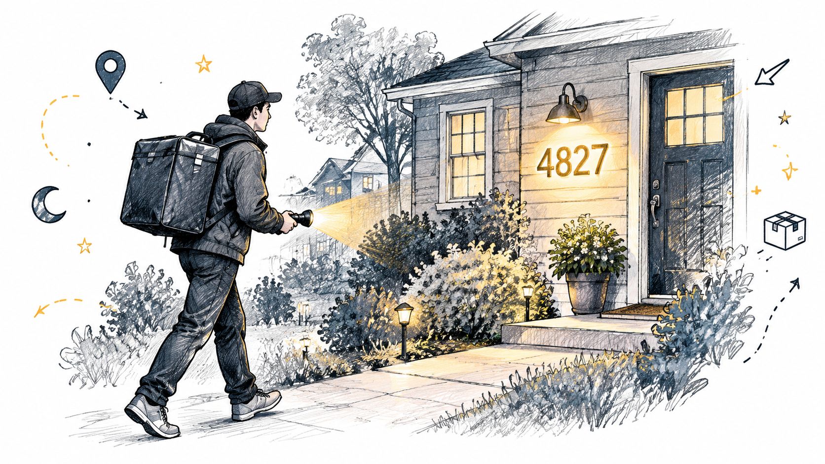 A delivery courier uses a flashlight at night to find a glowing house number sign on a home.
