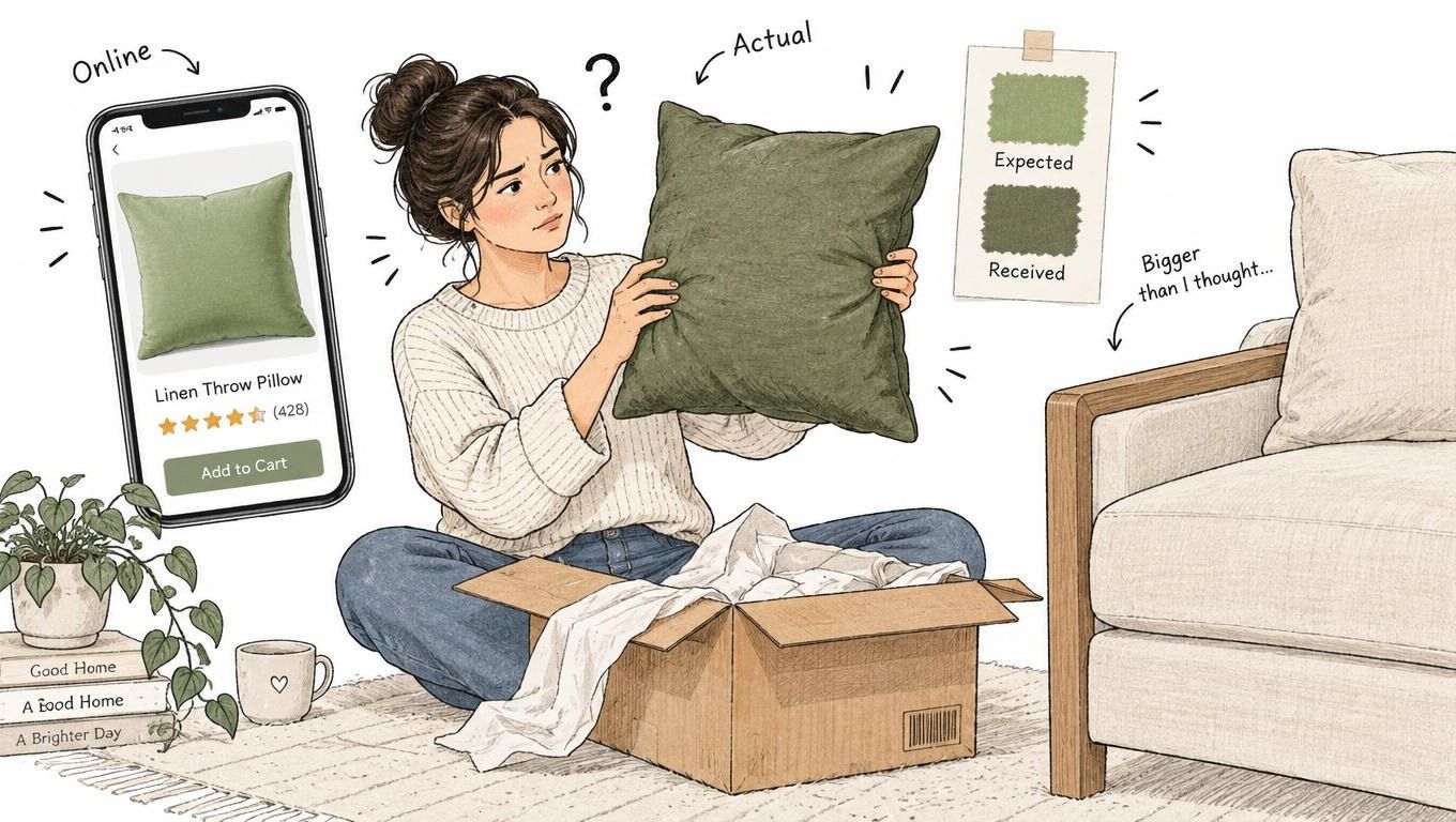 A woman looks confused at a green throw pillow she ordered online, comparing it to the listing.