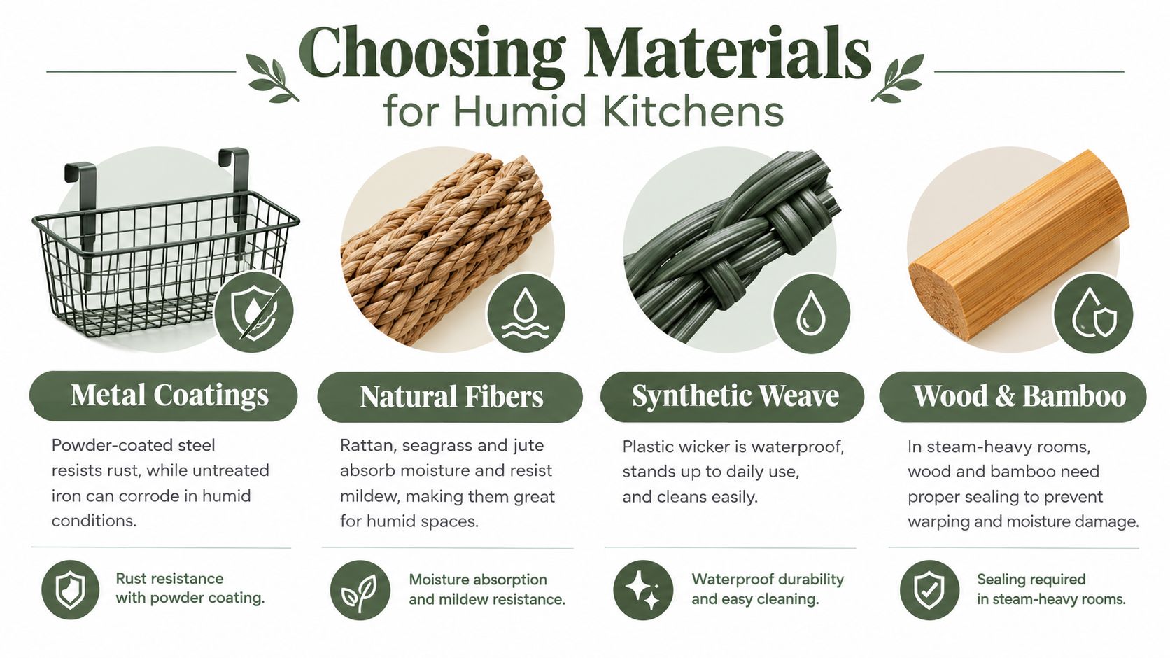 A helpful infographic comparing materials like metal, natural fibers, synthetic weave, and wood for humid kitchen environments.