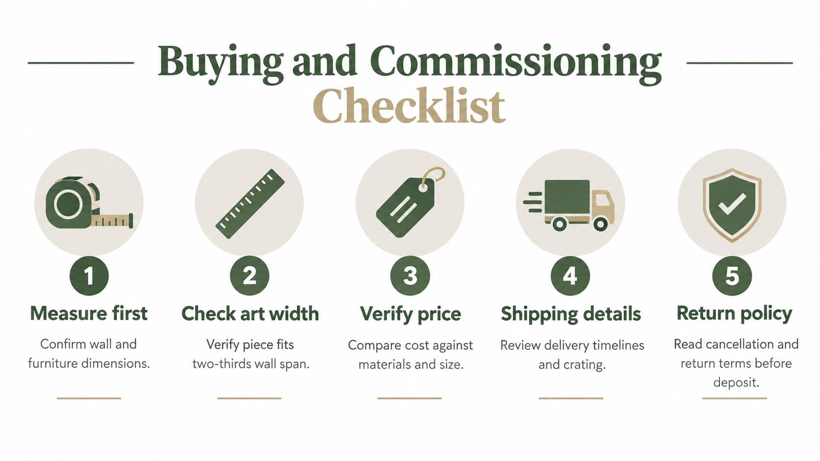A helpful five-step checklist for buying and commissioning art, illustrating measuring, sizing, pricing, shipping, and return policies.