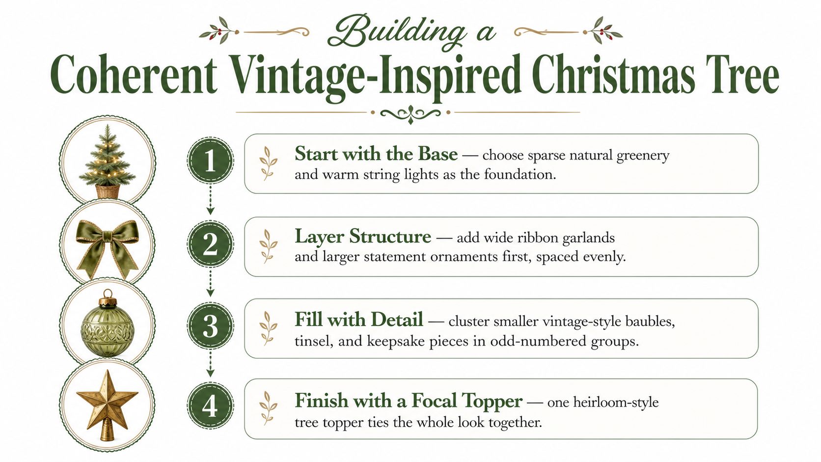 An infographic titled Building a Coherent Vintage-Inspired Christmas Tree with four numbered steps and decorative icons.