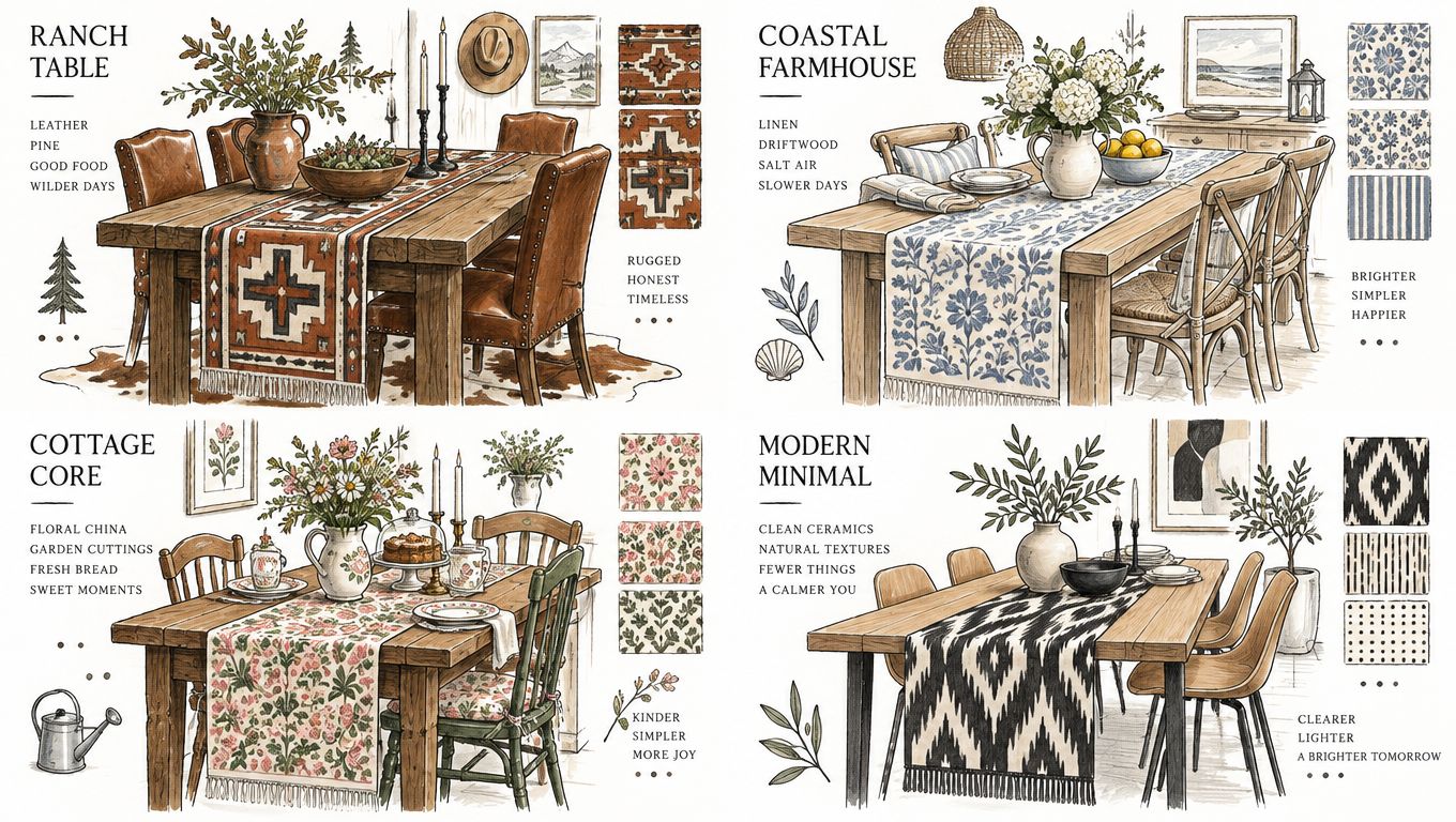 Four different dining table decoration styles featuring table runners, including ranch, coastal farmhouse, cottagecore, and modern minimal themes.
