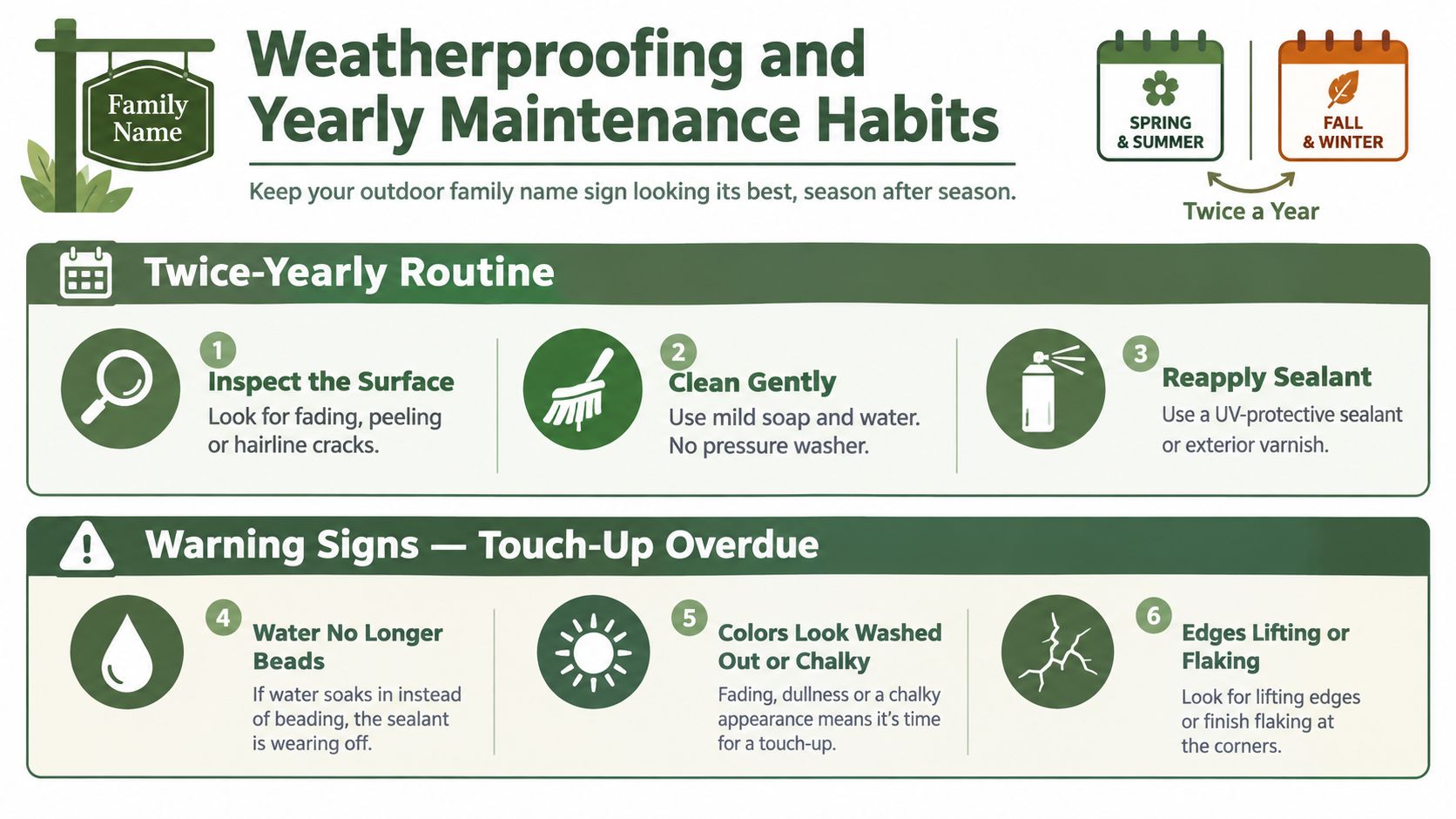 An infographic titled Weatherproofing and Yearly Maintenance Habits providing instructions for maintaining outdoor family name signs.