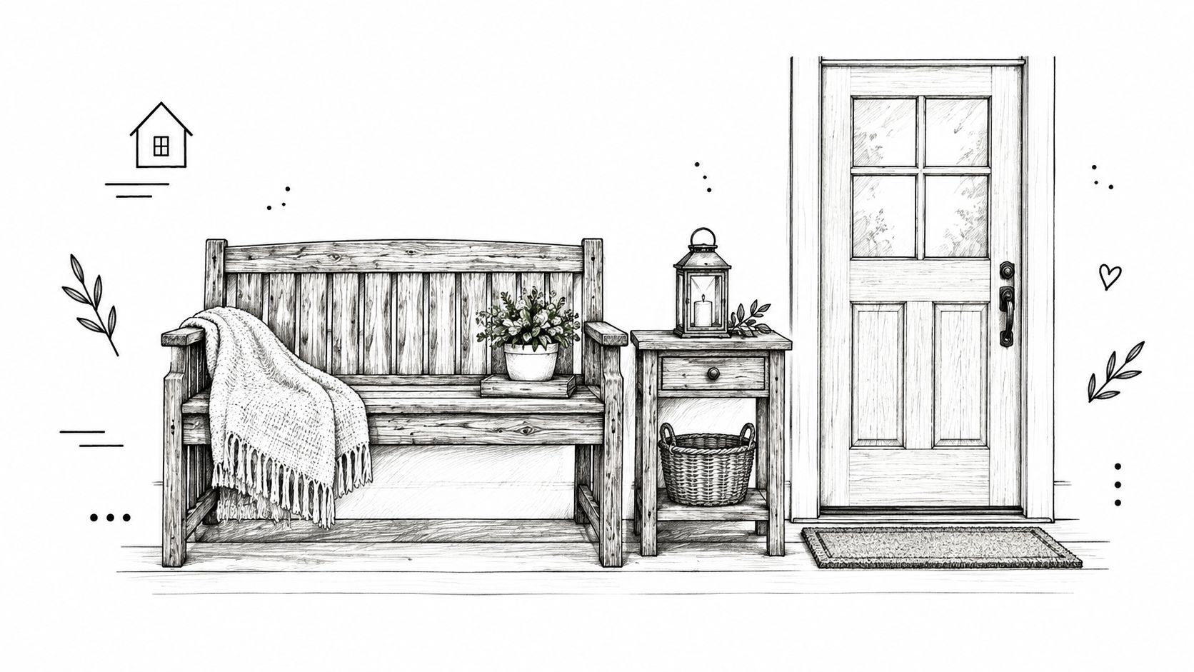 A detailed line drawing of a charming front porch entryway with a bench, table, and door.
