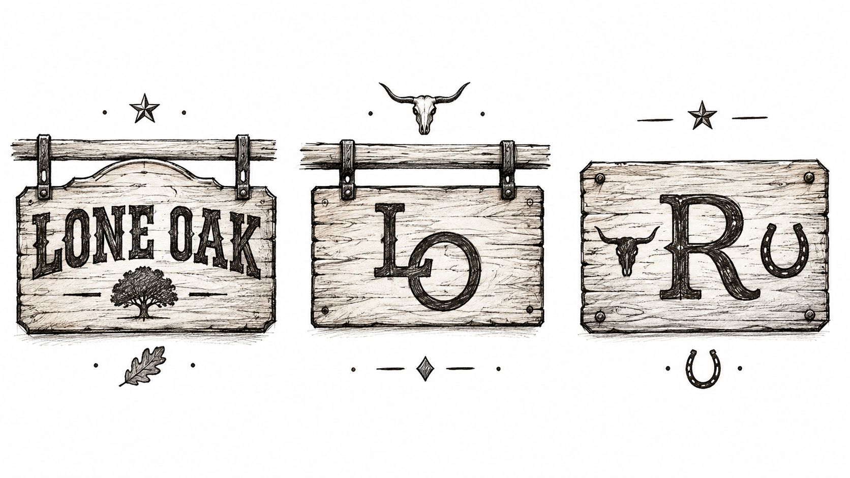 Three rustic wooden ranch signs featuring Western-style typography, a tree illustration, a bull skull, and horseshoes.