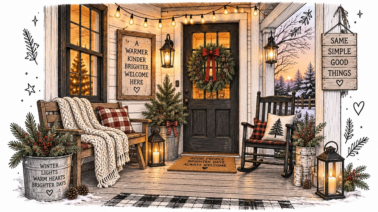 A cozy, festive farmhouse Christmas porch decorated with rocking chairs, lanterns, a wreath, and seasonal signs.
