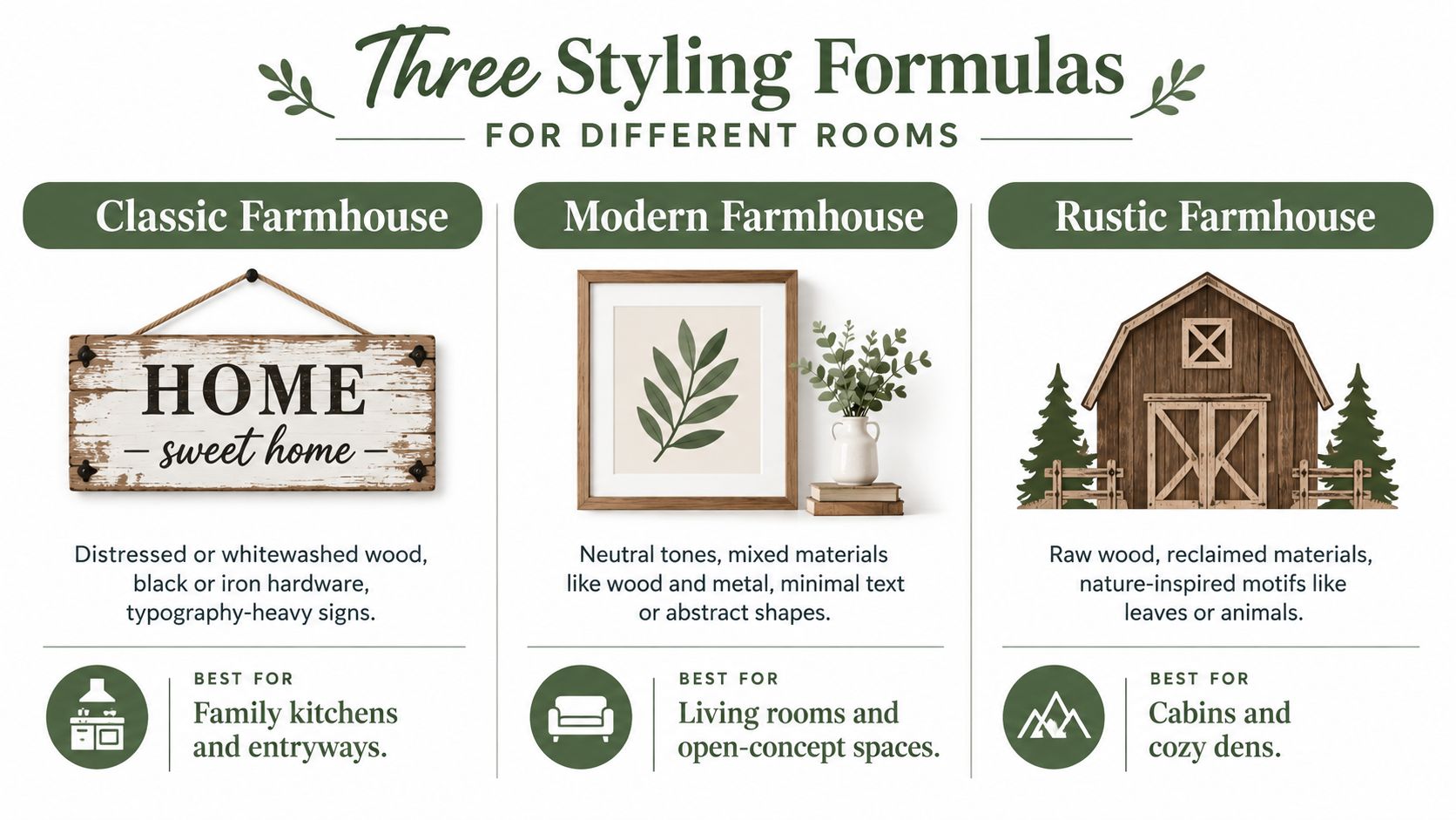 A graphic illustration detailing three different styling formulas for farmhouse interior design themes including classic, modern, and rustic.