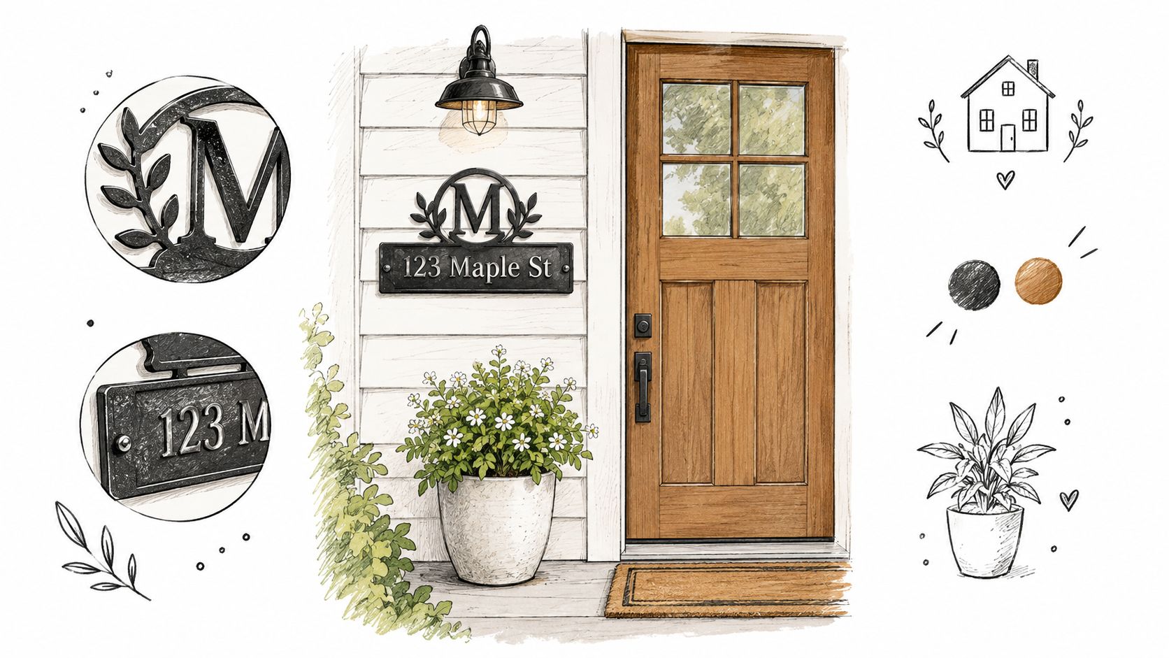 A hand-drawn illustration of a home entryway featuring a wooden door, house number sign, and potted plant.