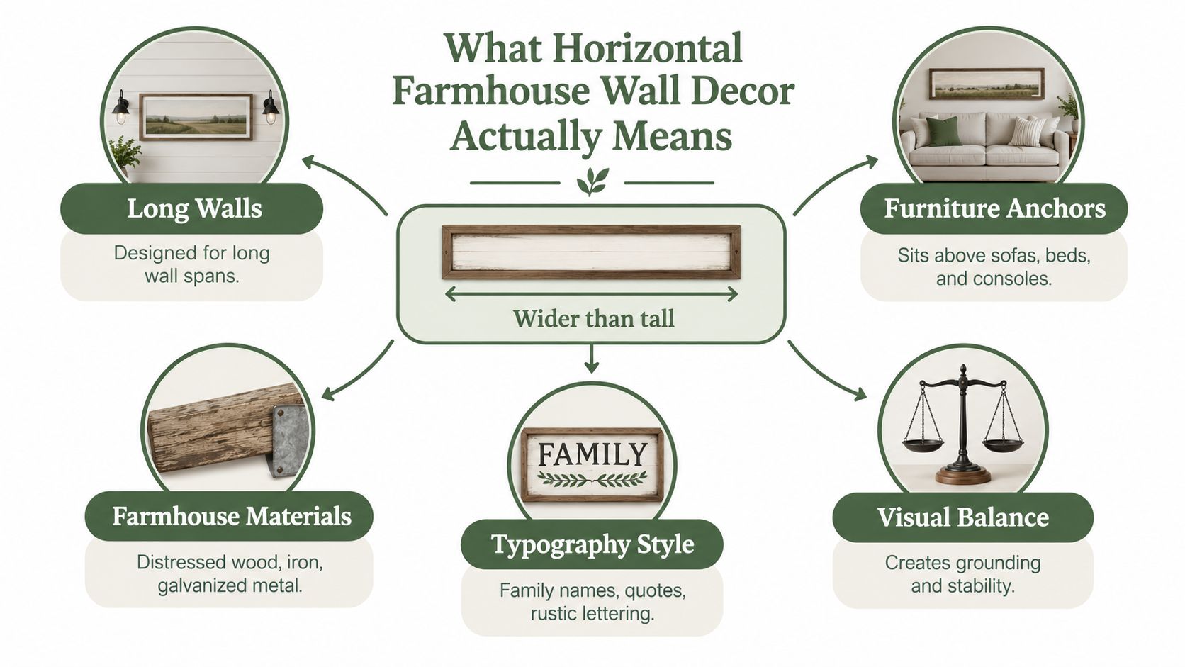 A diagram explaining the design elements of horizontal farmhouse wall decor, including materials, usage, and placement.