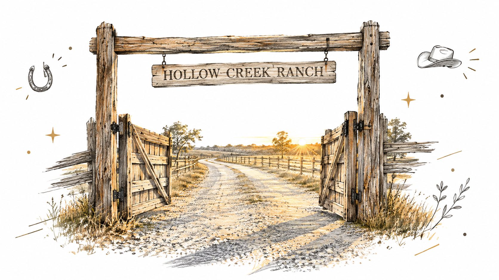 A rustic wooden gate with a hanging sign that reads Hollow Creek Ranch on a dirt road.