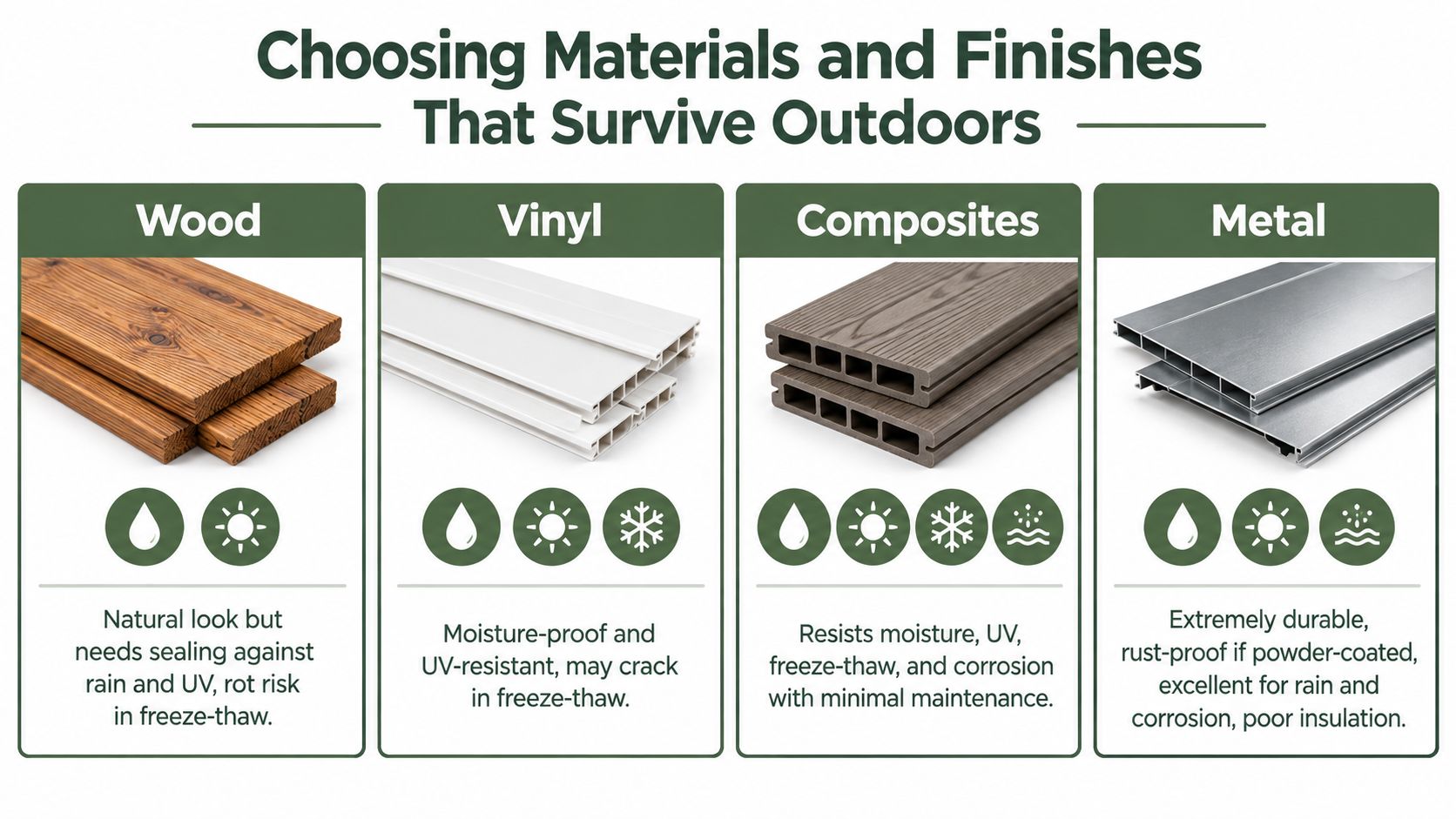 A comparison chart showing wood, vinyl, composites, and metal materials for outdoor structures with pros and cons.