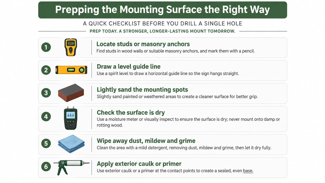 A six-step infographic guide on how to properly prepare a mounting surface for outdoor signs.