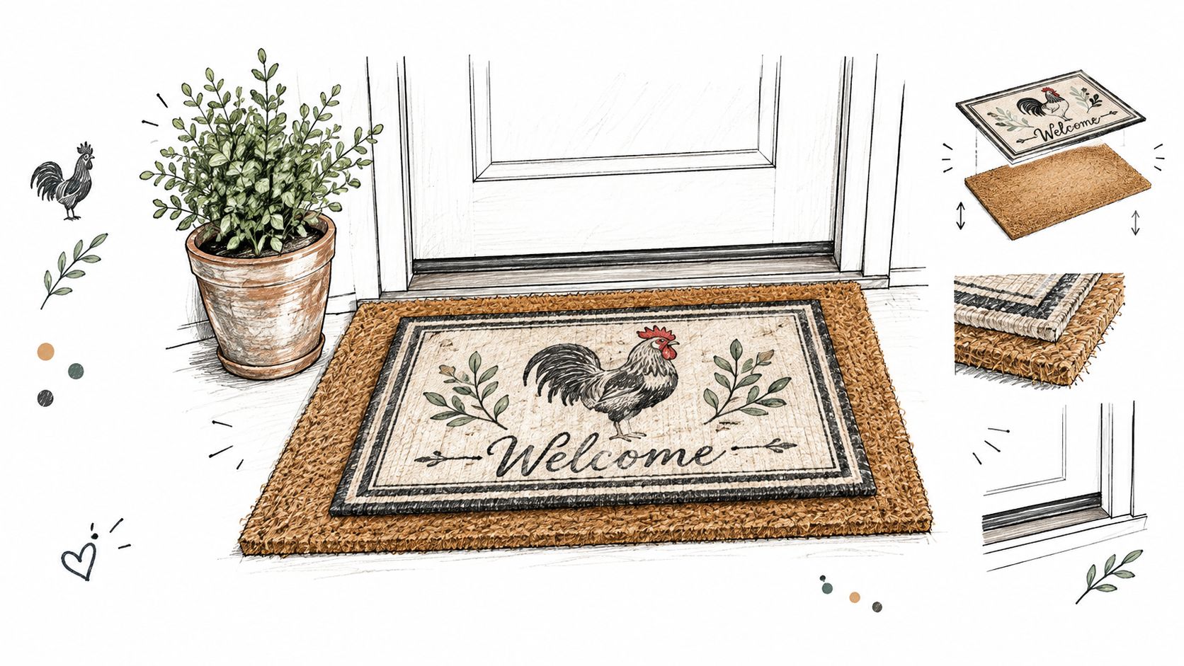 A charming rooster themed welcome doormat placed on a front porch entryway with a potted plant.