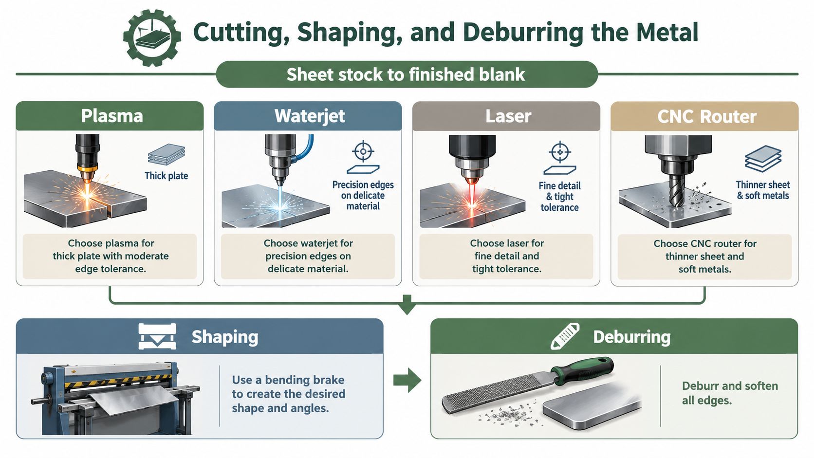 A diagram illustrating metal fabrication processes including plasma, waterjet, laser cutting, CNC routing, shaping, and deburring.
