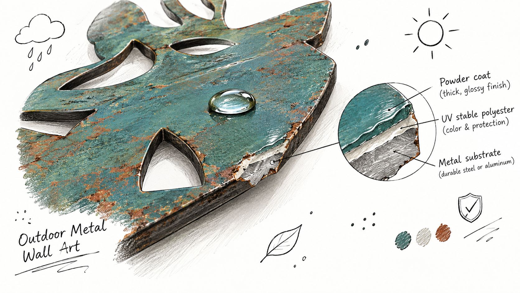 A diagram illustrating the layered construction of durable outdoor metal wall art with a rust-effect finish.