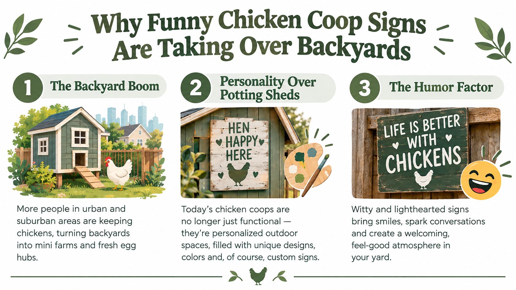 An infographic titled Why Funny Chicken Coop Signs Are Taking Over Backyards with three numbered points explaining trends.