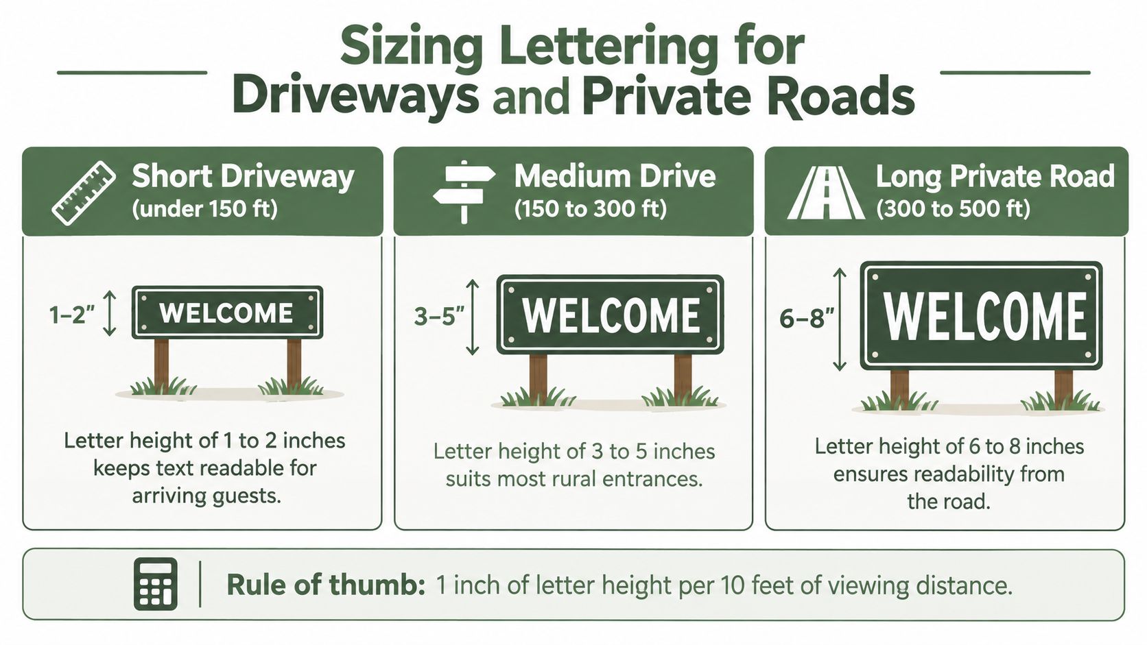 An infographic showing recommended letter heights for driveway and private road signs based on entrance length.