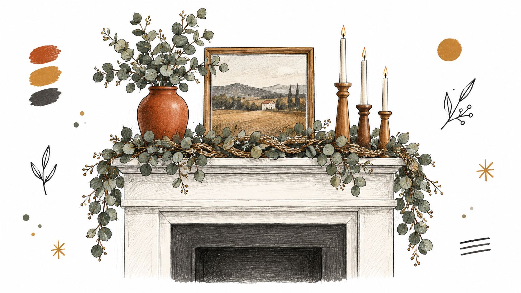 A hand-drawn illustration of a fireplace mantel decorated with eucalyptus garlands, a vase, candles, and a landscape painting.