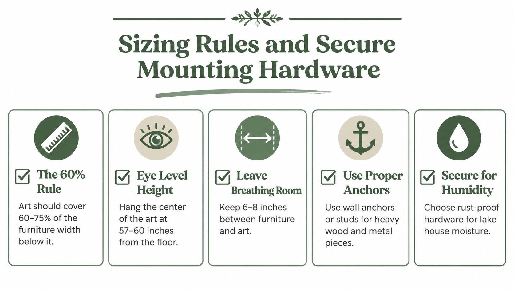 An infographic detailing essential sizing rules and secure mounting tips for hanging artwork above furniture.